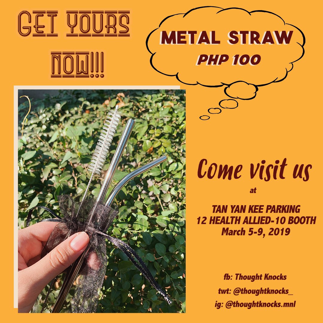 thoughtknocks_'s tweet photo. Help save our planet! Thought knocks offers the eco-friendly solution to the excess in single-use plastic straws. Get your own metal straw set with its own cleaner for only 100 pesos! https://t.co/P1Zjr2hfeo