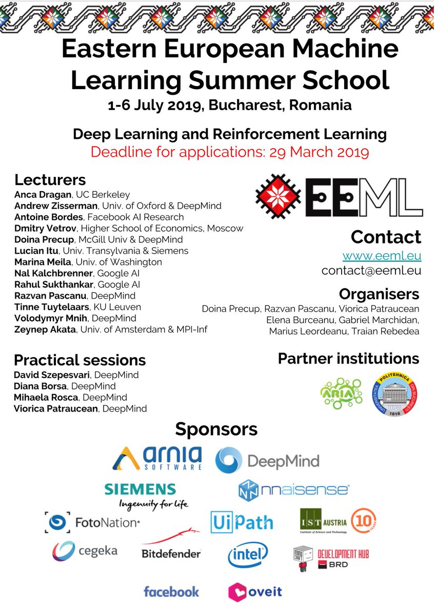 Quick reminder that the deadline for the summer school is *29th of March* (eeml.eu/application). We have a great line-up of speakers. This is a unique opportunity to network and to deepen your understanding of the latest techniques! Contact us if you have any questions!