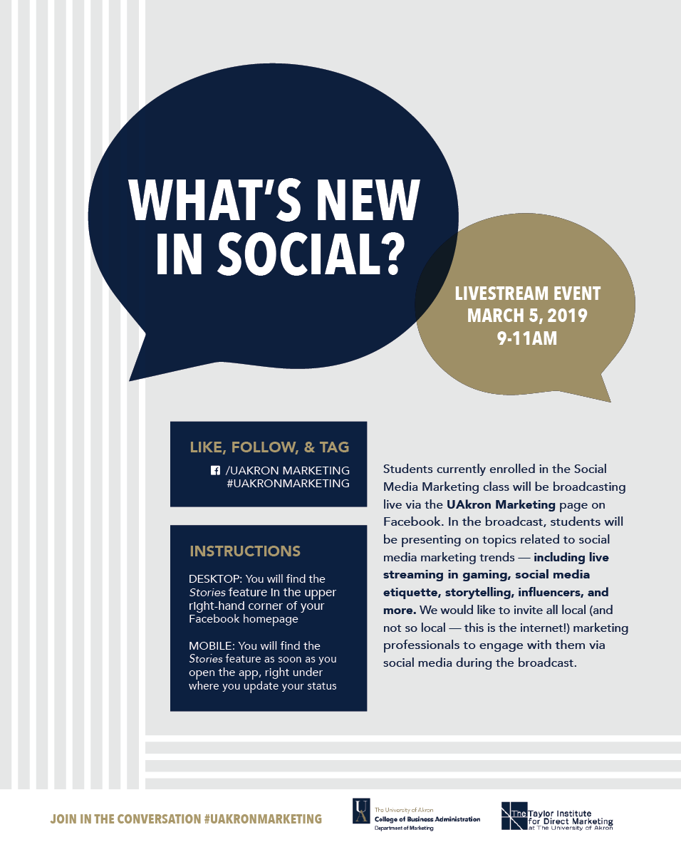 TaylorInst's tweet photo. Set you calendar for tomorrow morning at 9am! Students in @AlexaKaye3's Social Media Marketing class are hosting a live event on social media marketing trends.  Join us on https://t.co/MlhU5wb68m #uakronmarketing https://t.co/lbHIBU9Ky5