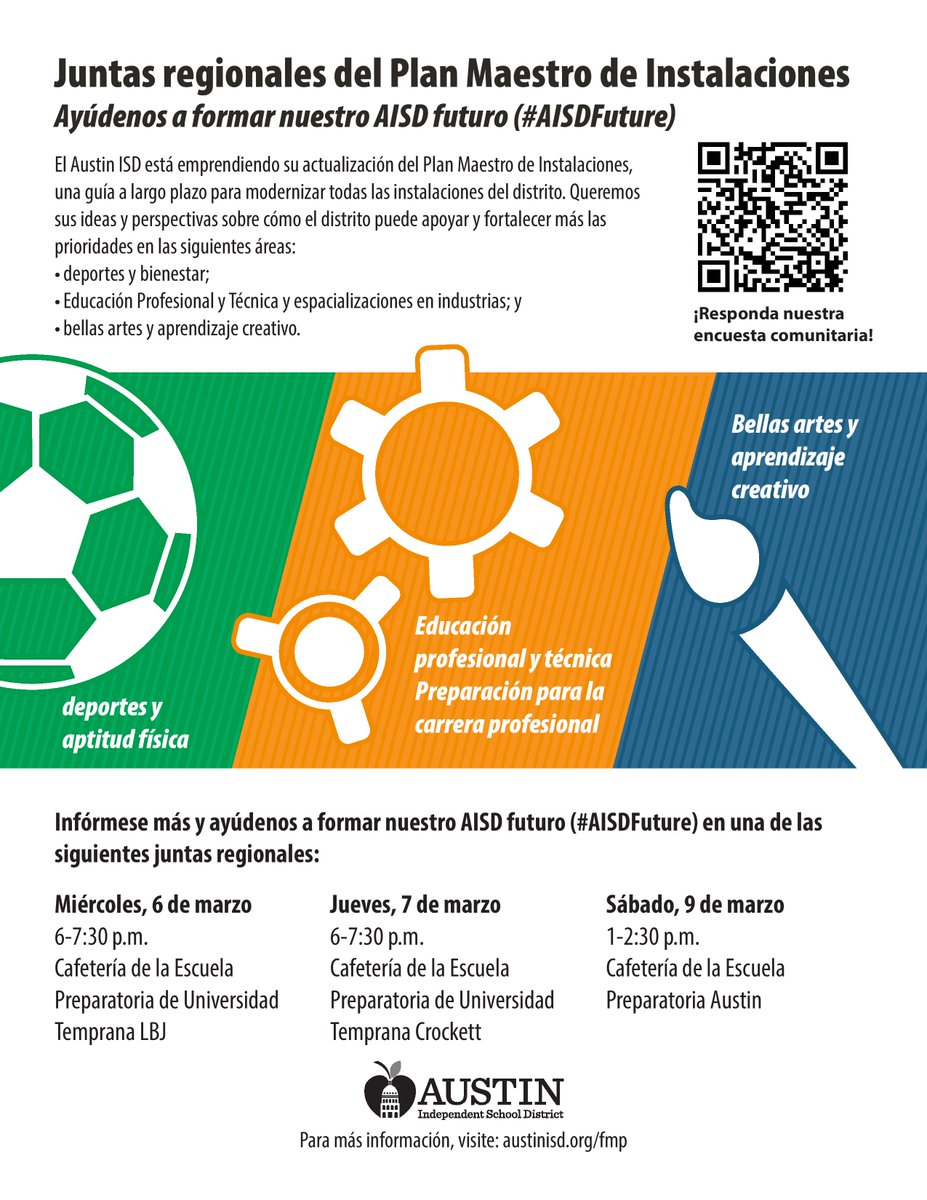 How can AISD improve our facilities and offerings to better serve our students and community? Let us know by taking the online survey and help us shape our #AISDFuture: 
austinisd.co1.qualtrics.com/jfe/form/SV_6M… …

Attend one of the Facility Master Plan Regional Meetings to learn more!
#AISDProud