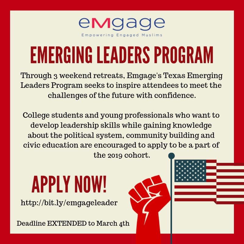 EmgageAction's tweet photo. TODAY is the last day to #apply for the Emerging Leaders Program with @EmgageActionTX. Don’t miss this chance to apply and be a part of @Emgage's hallmark leadership development program!
https://t.co/ZfEPAN7usR
#MuslimPolitics #MuslimsInPolitics #PoliticsToday #Leadership https://t.co/fhyvGlcxbz
