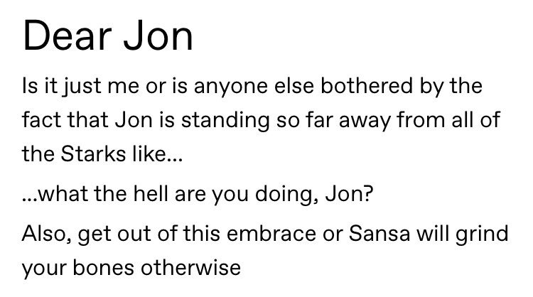 Tea is so hot Jonsa 
They start to hate Jon