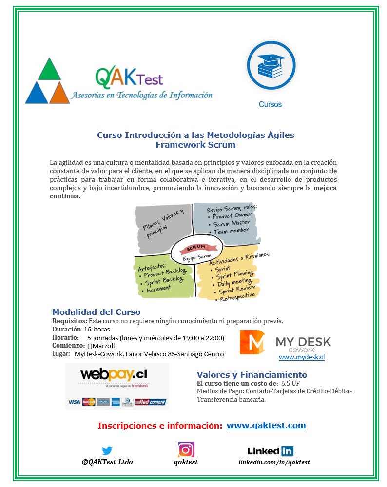 QAKTest_Ltda's tweet photo. ¡Curso Metodologías Ágiles-Scrum, no te lo pierdas!, #Scrum, #Agile https://t.co/11JvsZvrGN