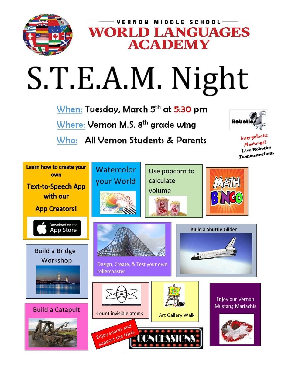 Join us tomorrow for our 1st Annual STEAM night.  5:30 pm @HcisdVernonMS #ChampsforChildren #ExperienceHCISD  #MustangSTEAM2019