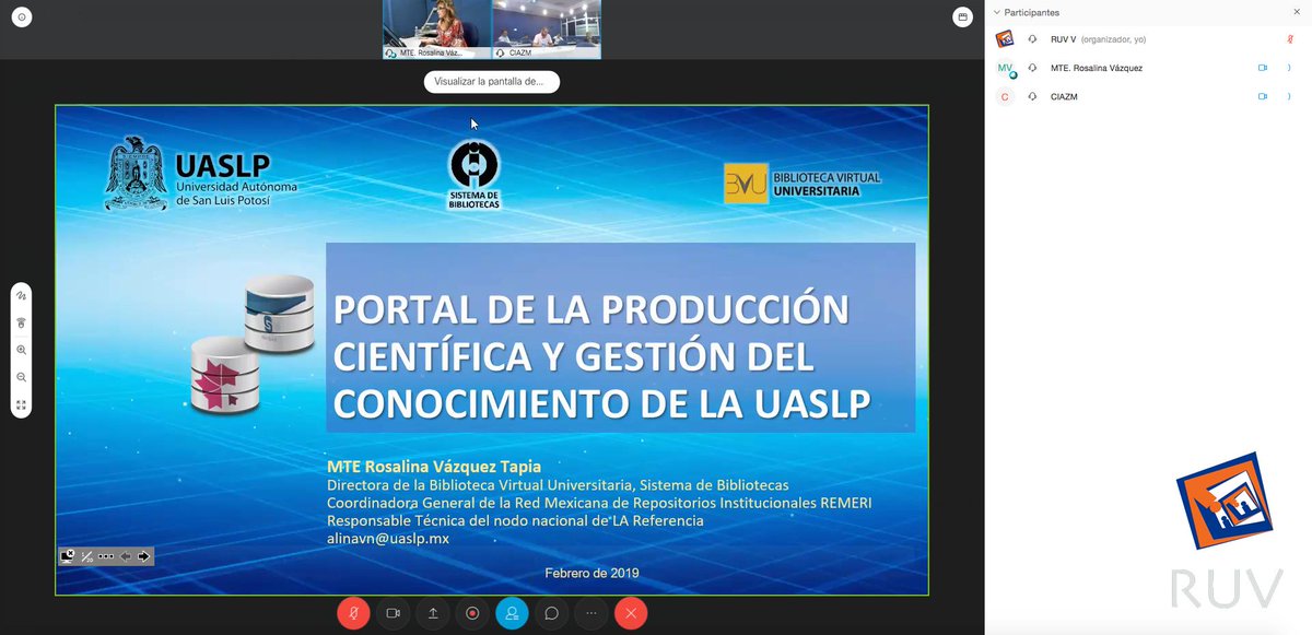 BVU_UASLP's tweet photo. PORTAL DE LA PRODUCCIÓN CIENTÍFICA Y GESTIÓN DEL CONOCIMIENTO DE LA UASLP

Videoconferencia impartida por la Mtra. Rosalina Vazquez Tapia desde la sala de videoconferencia del @CICTD, para el CIAZM, de la Universidad Autónoma de San Luis Potosí UASLP.

#UASLP #SiempreUASLP #RUV https://t.co/u8XoiyCzao