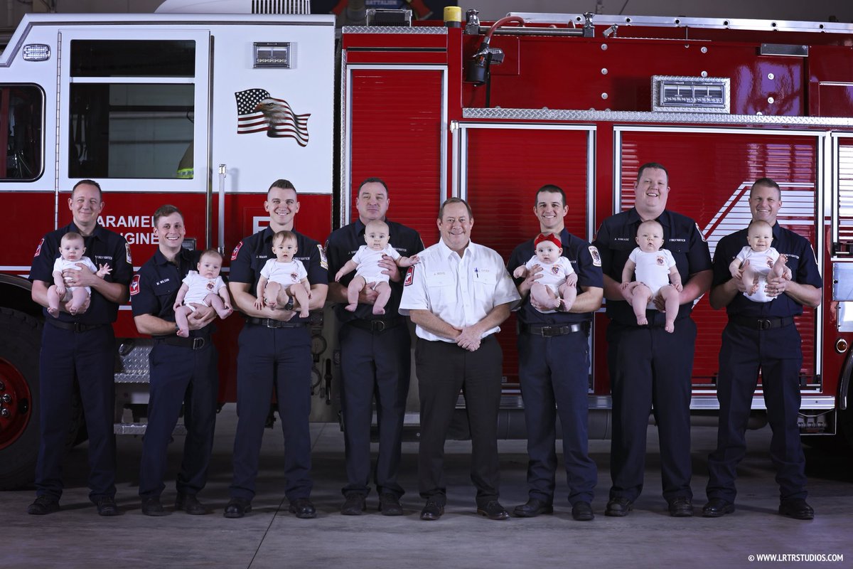 CityofAllenTX's tweet photo. The Allen firefighting family celebrated the arrival of seven new family members in 2018! Here are the proud dads pictured with their little firefighters. The backs of the onesies say “stay back 500 feet!” 📸: LRTR STUDIOS https://t.co/1cVLQyWIAQ