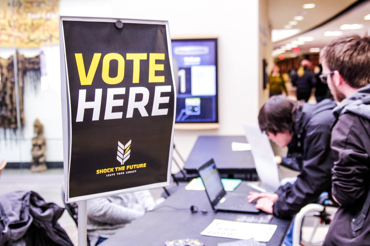 WichitaState's tweet photo. 🗳 👉🏻📍@wsu_rsc
🗣 Shockers, the polls for the #ShocktheFuture referendum are open! #vote #ivoted https://t.co/4co7JctVZa