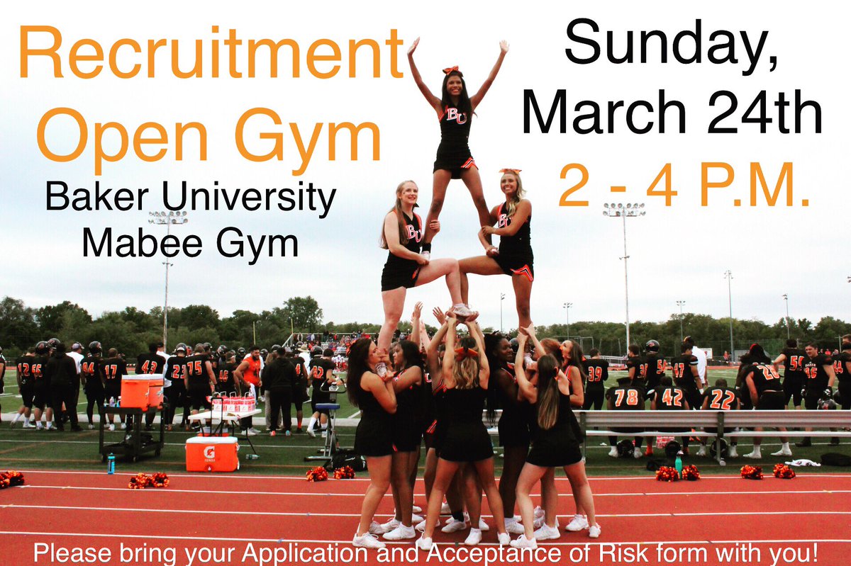 cheer_bu's tweet photo. Our Cheer Recruitment Open Gym  will be held in Mabee Gymnasium on the campus of Baker University on Sunday, March 24, from 2-4 p.m.! For more information review the application using the the link below. Go ‘Cats! 🧡

https://t.co/WT8tecsnd8 https://t.co/JAJ9zuLoMS