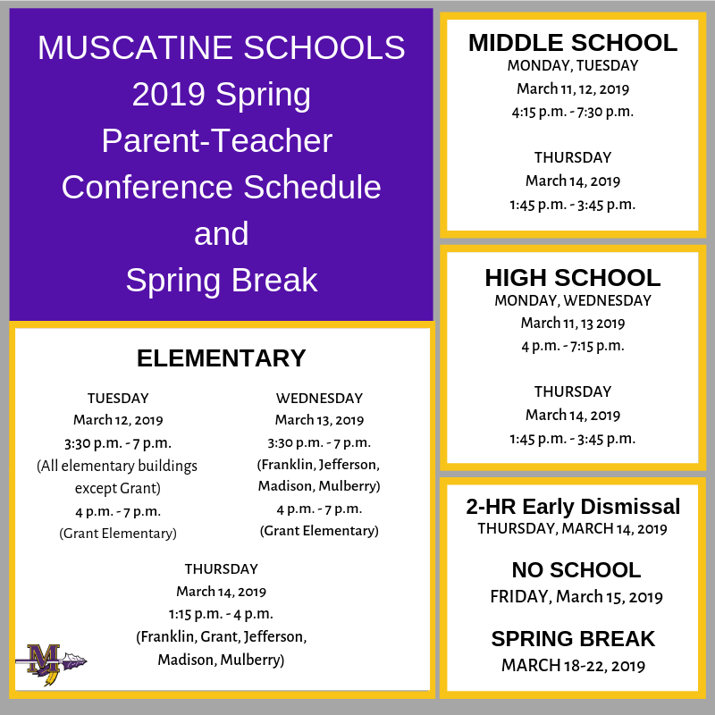 MuscatineCSD's tweet photo. Parent-Teacher Conferences and Spring Break are coming up! #YES #weneedspring  Save for dates, times, and no school information! https://t.co/bZhyxBDrm5