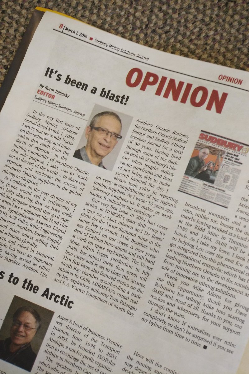 SMSJMag's tweet photo. Editor Norm Tollinsky hands over the reins to Len Gillis in the March issue of SMSJ. Pick up your copy from select vendors at the #northernontariominingshowcase at #PDAC2019 https://t.co/UvrEaAqhmt