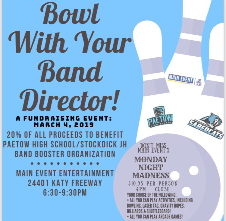 PaetowBands's tweet photo. TODAY from 6:30 - 9:30PM Come support the INCREDIBLE @SJHCats and @PaetowHS Band Students while you enjoy a night out at @MyMainEvent Monday Night Madness! 20% OF ALL PROCEEDS goes directly to these students! See you there! 
#Support #Share #FanTheFlame #SecondYearSizzle https://t.co/kbXVanbtYC