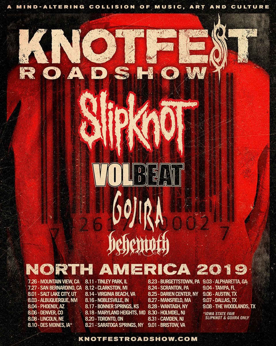 KNOTFEST's tweet image. We're heading out on the road for the #KnotfestRoadshow with @slipknot  @VOLBEAT ​@GojiraMusic​ &amp;amp; @BehemothBand this summer, July 26 - September 8.Each pair of tickets comes with a digital copy of Slipknot's new album, out 8/9/19.Tickets on-sale Friday at knotfestroadshow.com