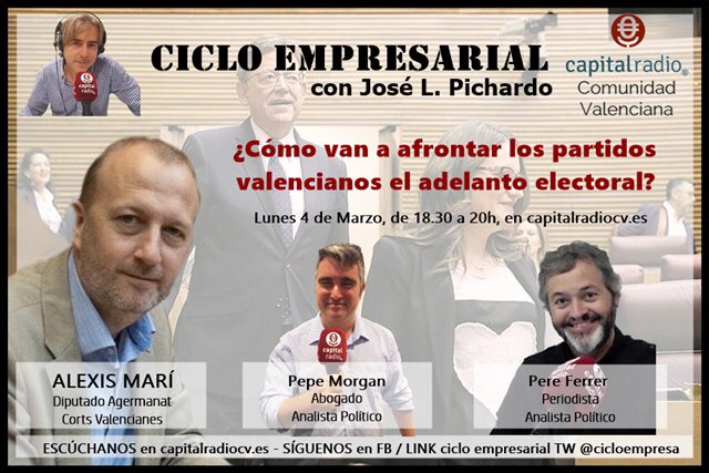 satoridircom's tweet photo. Esta tarde a las 18.30h el diputado #agermanat en @cortsval @AlexisMariM protagoniza @cicloempresa, el programa de @JosLuisPichardo en @capitalradiocv #OnAir https://t.co/N2tMkDI0qB #AlaFaena https://t.co/b7ehEWft5i