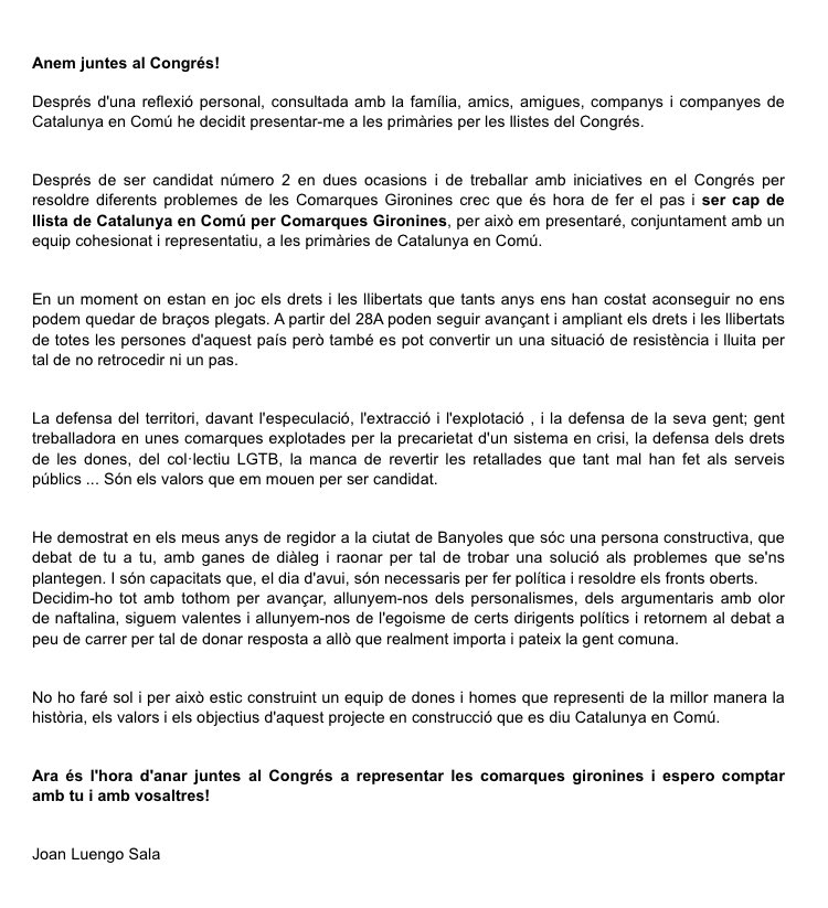 Em presento a les primàries de Catalunya en Comú per representar les Comarques Gironines al Congrés 💪🏻🏳️‍🌈💟🌍♻️❤️
En els pròxis dies us presentaré el meu equip 🤩😘