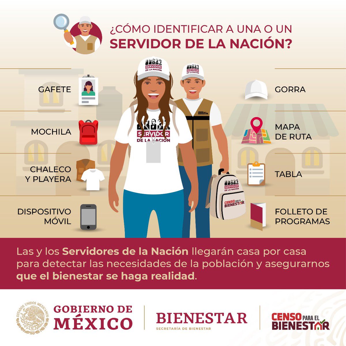 bienestarmx's tweet photo. 📌 El registro a los Programas Integrales para el Bienestar es únicamente a través del #Censo que se sigue realizando #CasaPorCasa en todo el territorio nacional por los Servidores de la Nación. 

¡Pronto estarán en tu localidad! 

#QueremosBienestar https://t.co/hcJbEsv9BH