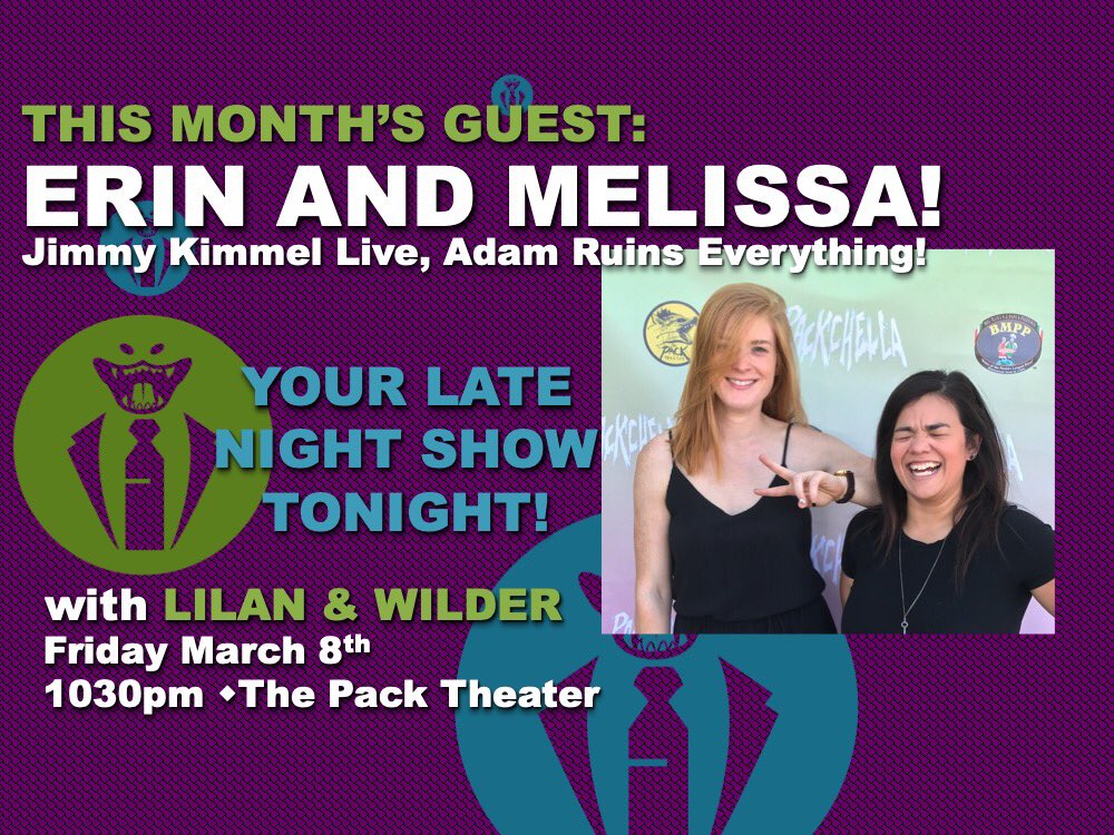 JUST ANNOUNCED! @erinandmelissa are making their official return at the @yourfriendlilan and @thewildersmith Show!
Fri. 1030p. Only at the @packtheater! 
#comedy #latenight #femalefriendship #funnywomen #thingstodoinla #comedyclub #music #trombone