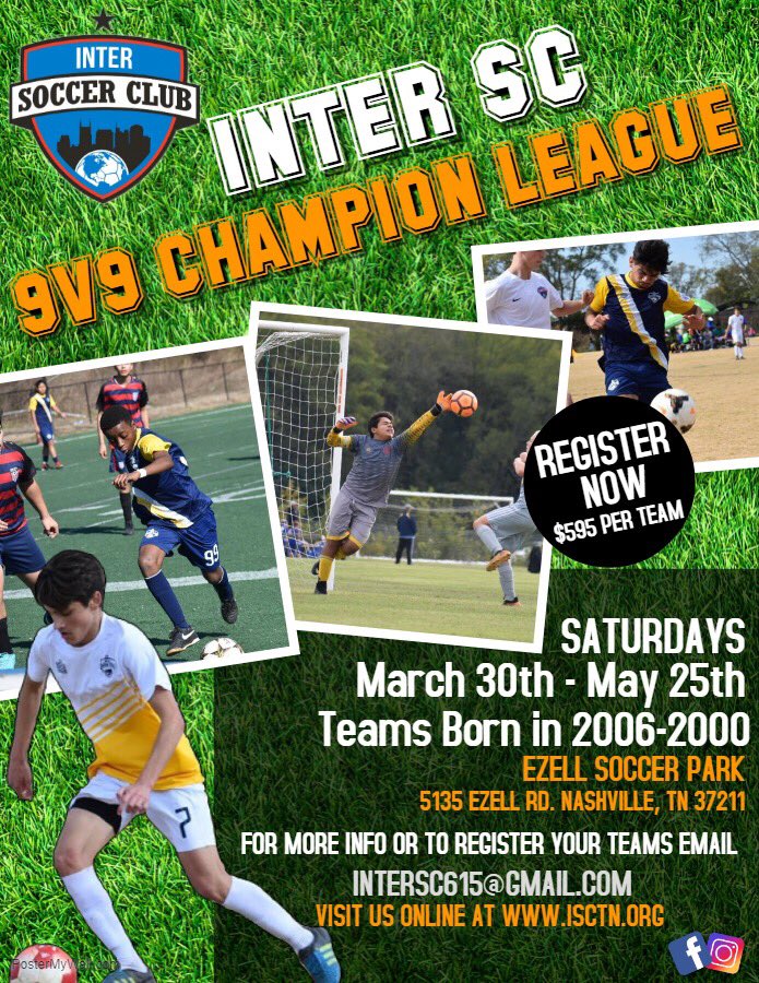 ISCsoccer615's tweet photo. Registration is now open! Join us in our first 9v9 Spring league. Email us at Intersc615@gmail.com for more details and to register your teams! #ISC #INTERSC #INTERSOCCERCLUB #INTERNATIONALSOCCERCLUB #NASHVILLESOCCER #TNSOCCER #TENNESSEESOCCER #YOUTHSPORTS #NASHVILLESPORTS https://t.co/eUTDdDgtcg