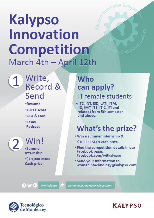 witkalypso's tweet photo. KIC 2019 is here!

Do not miss this great opportunity to win a Summer Internship and a Cash Prize.

You have till April 12th to apply.

#KIC #Monterrey #Competition #Kalypso  #Innovation #WomeninTechnology #TecdeMonterrey https://t.co/eMnFABfqNi