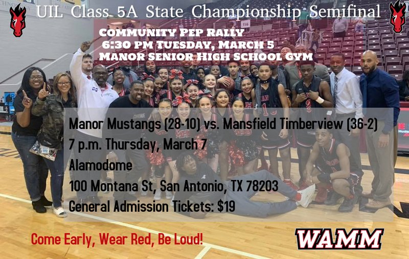 ManorISD's tweet photo. The Manor community is invited to attend the Manor ISD Pep Rally tomorrow evening! The rally will honor the MHS Basketball, Powerlifting, Band, Choir, and Theater programs who have all advanced to state competitions! #WAMM #ManorState #DestinationManor https://t.co/QrXUBry8Sb