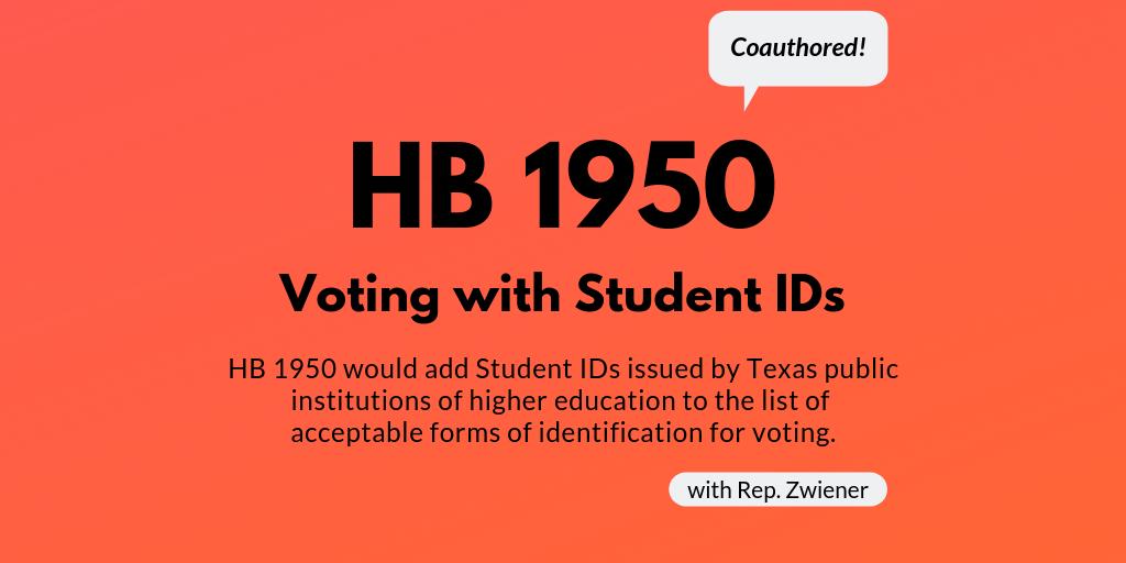 I have coauthored Rep Erin Zwiener's HB1950, which would add College Student IDs to the list of acceptable Voter IDs. Y'all have heard before - I'm not a fan of the Voter ID law & believe it hurts many groups across TX. This alleviates the pressure for one of those groups #txlege