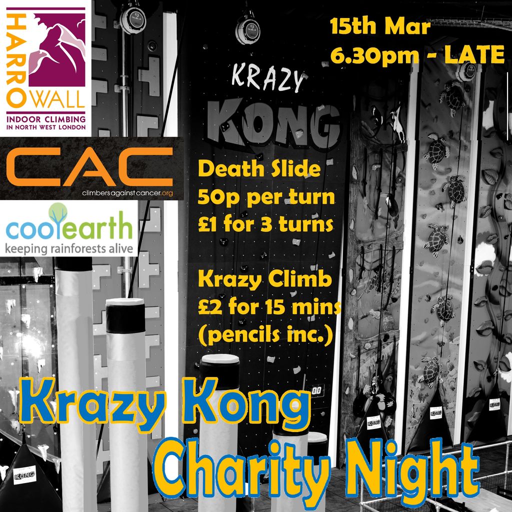 Want to be a kid again? In aid of Paul and Holly who are raising money for @climbersagainstcancer and @coolearth in their @mongolrally adventure. @harrowall is opening up it's Krazy Kong climbing area and the death slide for adults on Friday 15th March from 6.30pm onwards.