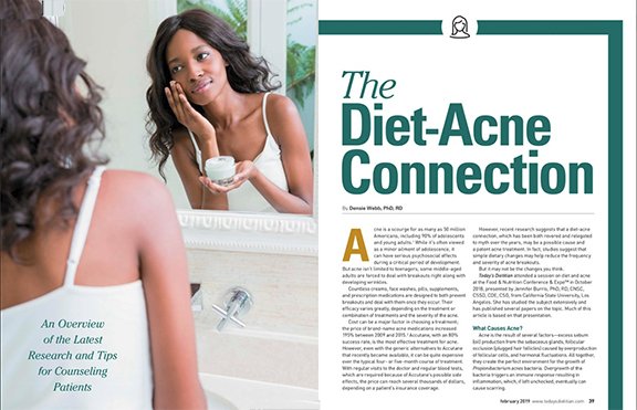 TodaysDietitian's tweet photo. Acne is a scourge for as many as 50 million in the US, including 90% of  adolescents &amp; young adults. Recent research suggests that a diet-acne connection, both revered and relegated to myth over the years, may be a possible cause + a potent acne treatment https://t.co/OG7Byd4HTI https://t.co/zQRrXuGM2o