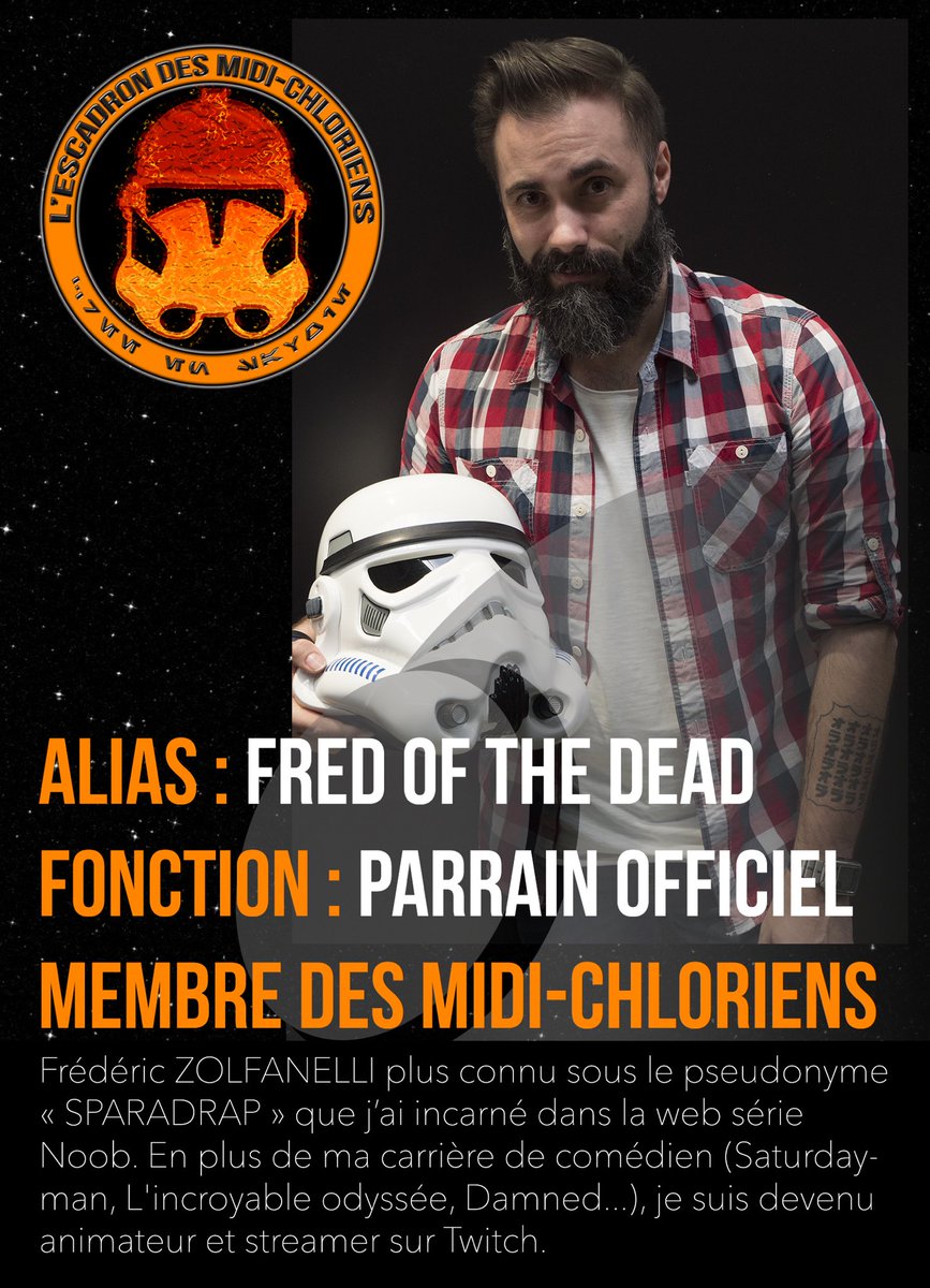 escmidichlorien's tweet photo. Nous avons l’immense honneur de vous présenter notre premier parrain officiel de @escmidichlorien ! Merci @FredZolf !! 😍😍
.
.
#sparadrap #sparadrapnoob #noob #webserie #starwars #manganimes #fredzolf #fredofthedead #cosplaystarwars #escmidichlorien #escadrondesmidichloriens https://t.co/7BSA7O4UqW