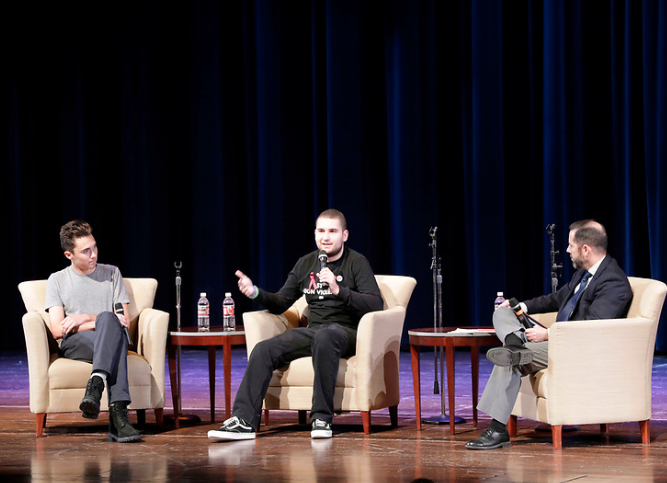 MU_Conferences's tweet photo. Last month the @MULectureSeries hosted David Hogg and Alex Wind, two survivors of the Parkland school shooting that happened last year. They spoke about the importance of gun safety in schools and student activism in our very own Hall Auditorium. https://t.co/JLUzSH2UE6