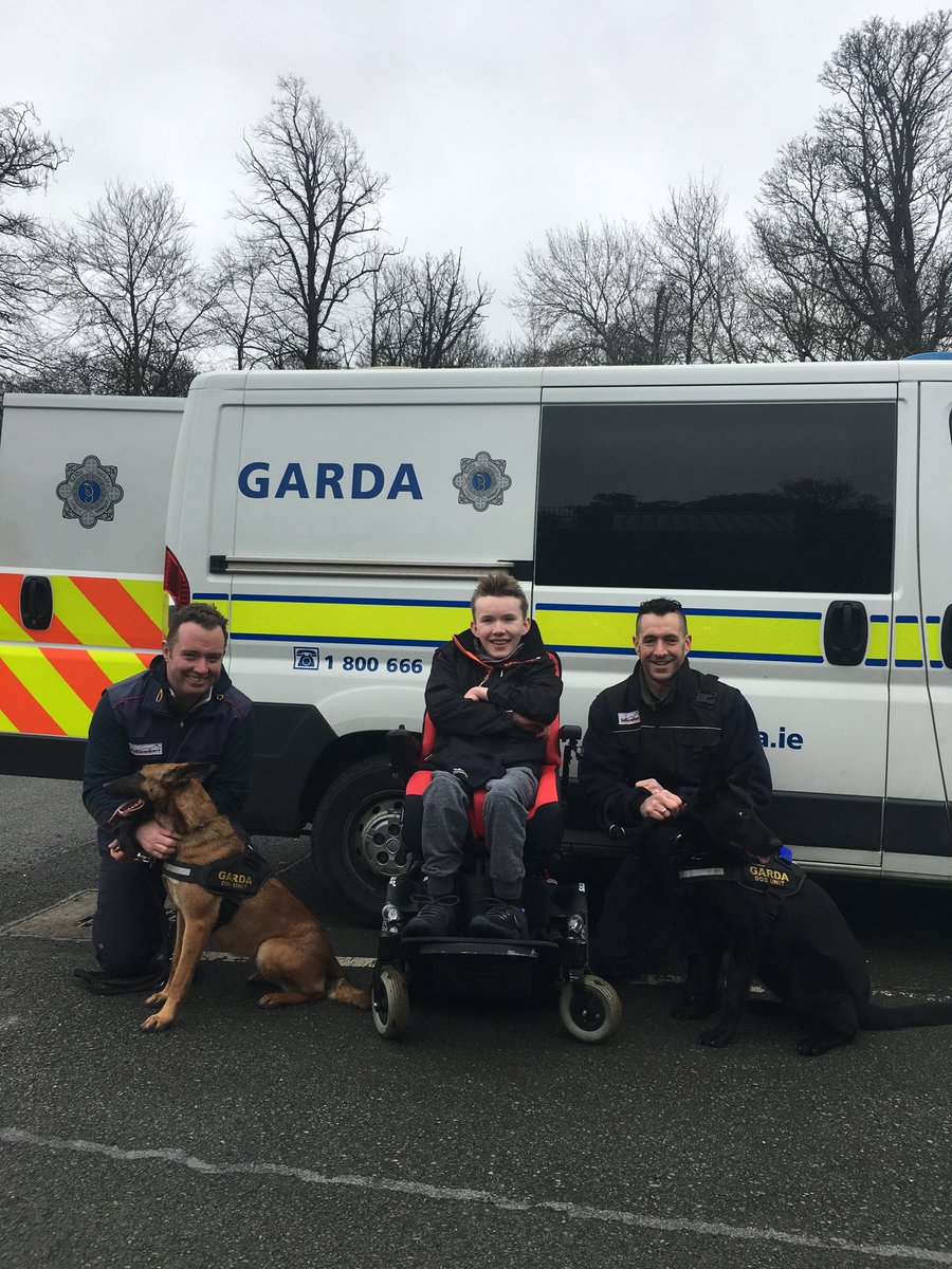 TomClonan's tweet photo. Eoghan & Duke the Superdog Were Guests of the Amazing @gardainfo Dog Unit today. Big Thanks to Gardaí Alan Cummings & Brían Walsh for their hospitality and especially to Garda Dogs Roxy And Sheeka (Pictured) who do incredible work for the Community - #AbleForEquality https://t.co/KhHu64eszK