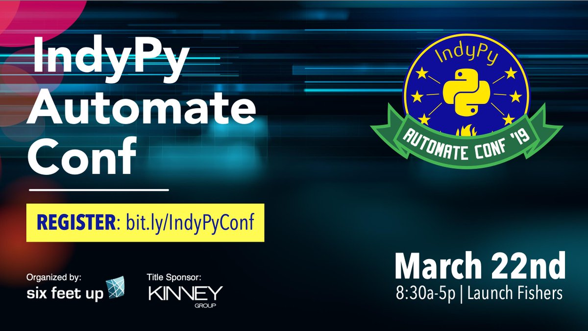 indypy's tweet photo. T-Minus 18 days until #IndyPyAutomateConf at @LaunchFishers. We'll talk #Python, #IoT, #Serverless, #MachineLearning, #PySpark and more! Check out the full line-up and purchase tickets: https://t.co/Kn1auEVQRQ https://t.co/f533PEjY5d