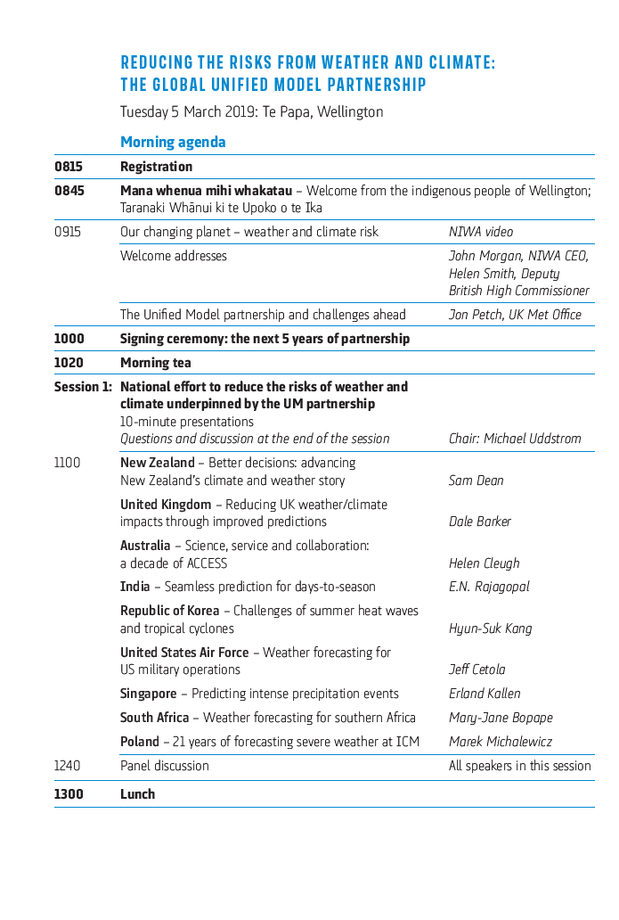MetOffice_Sci's tweet photo. The workshop programme “Reducing the risks from weather and climate - The global Unified Model Partnership” (05 March 2019, Wellington New Zealand) includes signing of the UM Partnership agreement for the next 5 years! #UMPartner https://t.co/bi4AWNeu91