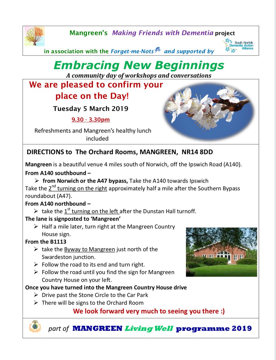 Mangreen Trust (@mangreentrust) on Twitter photo We are very excited for another of our Dementia events,
“Embracing New Beginnings” tomorrow, 5th March.
There are still a few places left, if you would like to attend please email Alison on events@Mangreen.co.uk
#norwich #norfolkhour #dementia #wellbeing #forgetmenots We are very excited for another of our Dementia events,
“Embracing New Beginnings” tomorrow, 5th March.
There are still a few places left, if you would like to attend please email Alison on events@Mangreen.co.uk
#norwich #norfolkhour #dementia #wellbeing #forgetmenots