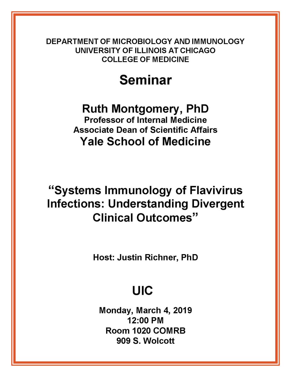 UIC Microbiology (@uicmicrobiology) on Twitter photo Join <a href="/UICMicrobiology/">UIC Microbiology</a> today at 12:00pm in 1020 COMRB for a seminar given by Dr. @RuthMontgomery1 of <a href="/Yale/">Yale University</a> hosted by Dr. Justin Richner <a href="/LabRichner/">Richner Lab</a>. She will be presenting "Systems Immunology of Flavivirus Infections: Understsanding Divergent Clinical Outcomes." Join <a href="/UICMicrobiology/">UIC Microbiology</a> today at 12:00pm in 1020 COMRB for a seminar given by Dr. @RuthMontgomery1 of <a href="/Yale/">Yale University</a> hosted by Dr. Justin Richner <a href="/LabRichner/">Richner Lab</a>. She will be presenting "Systems Immunology of Flavivirus Infections: Understsanding Divergent Clinical Outcomes."