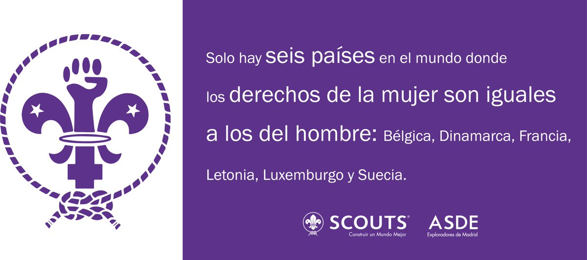 scouts_edm's tweet photo. ⁉¿Sabías que...?

➡Solo hay seis países en el mundo donde los derechos de la mujer son iguales a los del hombre: Bélgica, Dinamarca, Francia, Letonia, Luxemburgo y Suecia.

#SinFeminismoNoHayEscultismo #8M #Scout https://t.co/zqURyDrK1M