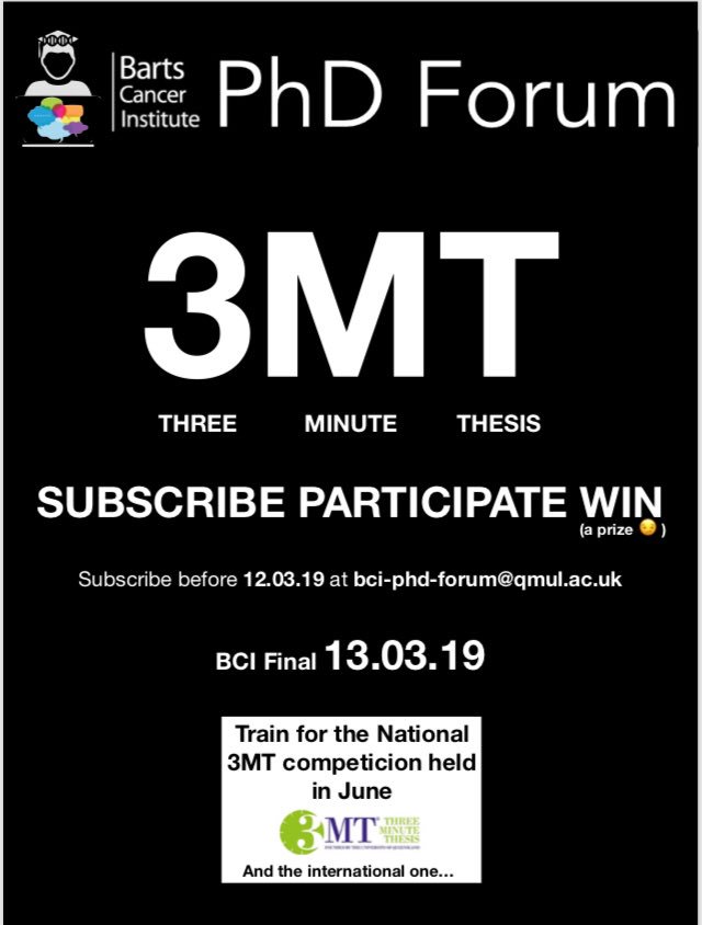 BCI PhD Forum (@bciphdforum) on Twitter photo Enjoy explaining your research to a non-specialist audience? Thinking about joining the national 3 minute thesis competition? Come tell us what your project is about, practice your presentation and win a prize!! It’s simple: 1 PPT slide, 3 min! Enjoy explaining your research to a non-specialist audience? Thinking about joining the national 3 minute thesis competition? Come tell us what your project is about, practice your presentation and win a prize!! It’s simple: 1 PPT slide, 3 min!