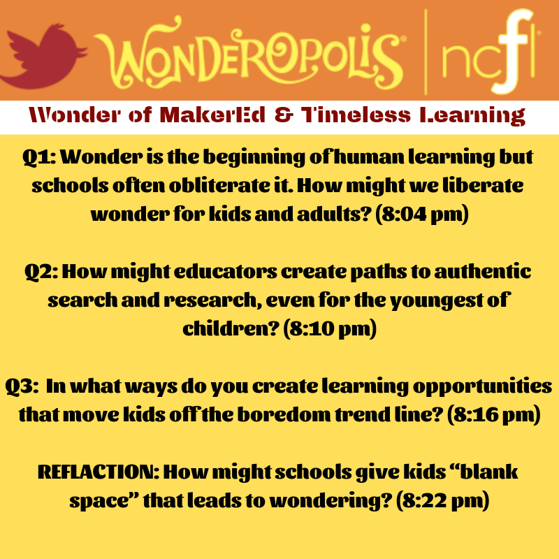 SparkEd_LLC's tweet photo. Join @Wonderopolis tonight for #WonderChat &amp; #NYEDChat as cohosts @irasocol &amp; @pammoran talk Timeless Learning &amp; wonder! 8pm EST https://t.co/fP6OJLM04w