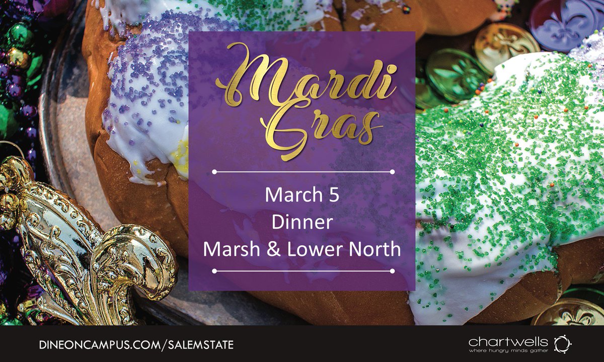 SALEMSTATEEATS's tweet photo. Tomorrow is Mardi Gras at Marsh and North Dining! Stop by for some good Louisiana foods and of course, all the mardi gras beads 🎉 https://t.co/6wWXGGWwov