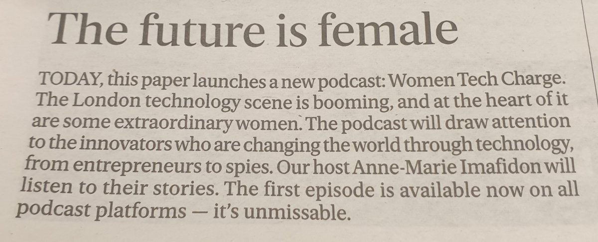 Looking forward to listening to this new #Women #Tech Charge podcast from <a href="/EveningStandard/">nope s</a> and <a href="/aimafidon/">She's in CTRL - OUT NOW - Anne-Marie Imafidon</a> #womenintech