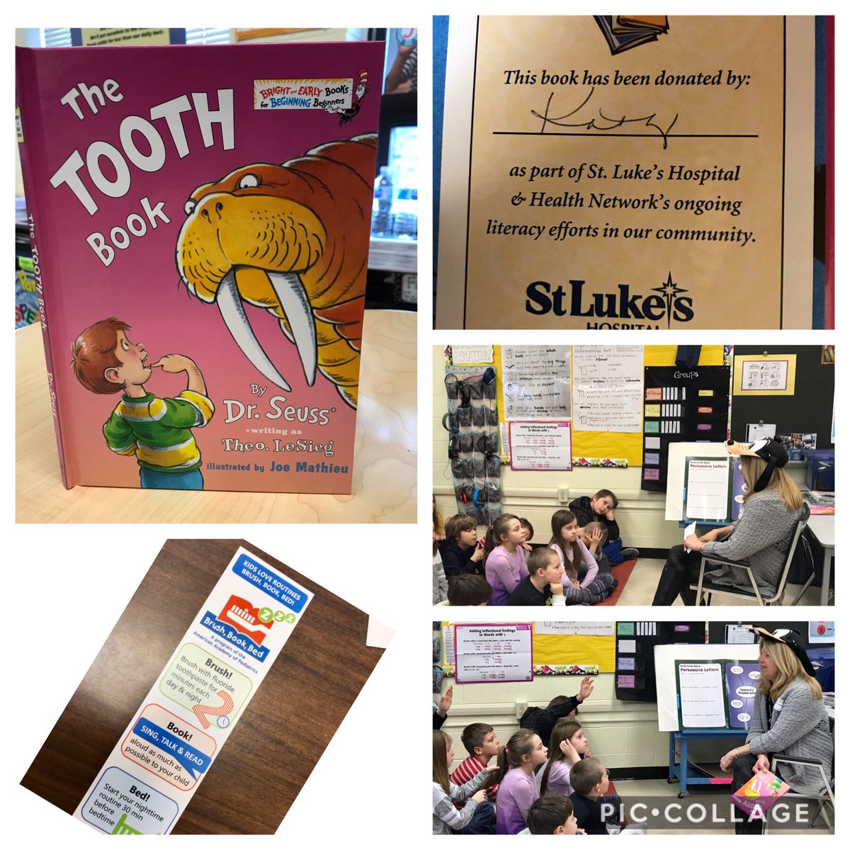 TPrzyuski's tweet photo. Thank you to Ms. Kathy and St. Luke’s for the fun read aloud and Dr. Seuss book. We are already using our new bookmarks as well. @palisdDN #palisd #DrSeussDay #readingispower #thetoothbook https://t.co/GjrRFA7siD
