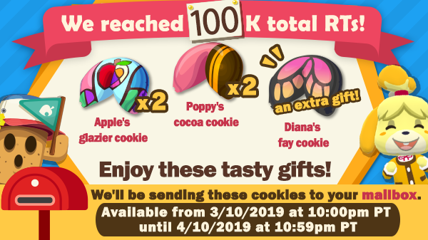 animalcrossing's tweet photo. Thanks for flipping through my scrapbook! The total number of RTs for all our global accounts was…101,396 RTs! That's more than double the number of RTs we were aiming for!

As an added thank you, we're giving each of you more cookies! Check your mailbox on 3/10 at 10pm PT. https://t.co/v7HJWURjhD