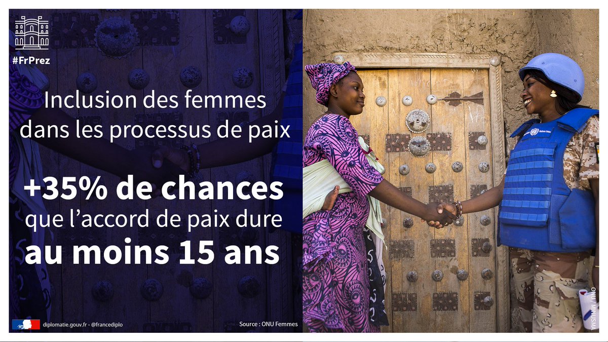 francediplo's tweet photo. Plus de femmes, pour plus de paix.

Notre priorité : valoriser le rôle central des femmes dans la prévention et la résolution des conflits.

#DiplomatieFeministe #WomenInPeace 
#FrPrez https://t.co/U42giEGwCj