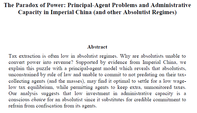 jaredcrubin's tweet photo. The Paradox of Power: Principal-Agent Problems &amp; Administrative Capacity in Imperial China (&amp; other Absolutist Regimes) (w Debin Ma)

now forthcoming in J Comparative Economics

Why have absolutist regimes had such a difficult time collecting taxes? (1/4)

https://t.co/7Vzq4Q0JNm https://t.co/3t6fBXJmSW