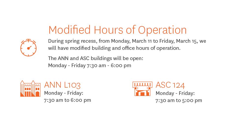 ASCJTechOps's tweet image. During spring recess, from Monday, March 11 to Friday, March 15, we will have modified building and office hours of operation. #ascj