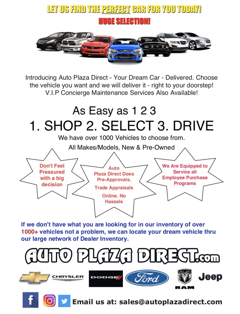 AutoPlazaDirect's tweet photo. 1️⃣ Shop 2️⃣ Select 3️⃣ Drive! Yes it is that easy! 💻📲 https://t.co/qtlBG3EcA9  #AutoPlazaDirect #CarDelivery #OnlineShopping #Automotive #NewCar #UsedCar https://t.co/HDlH5jmQC6