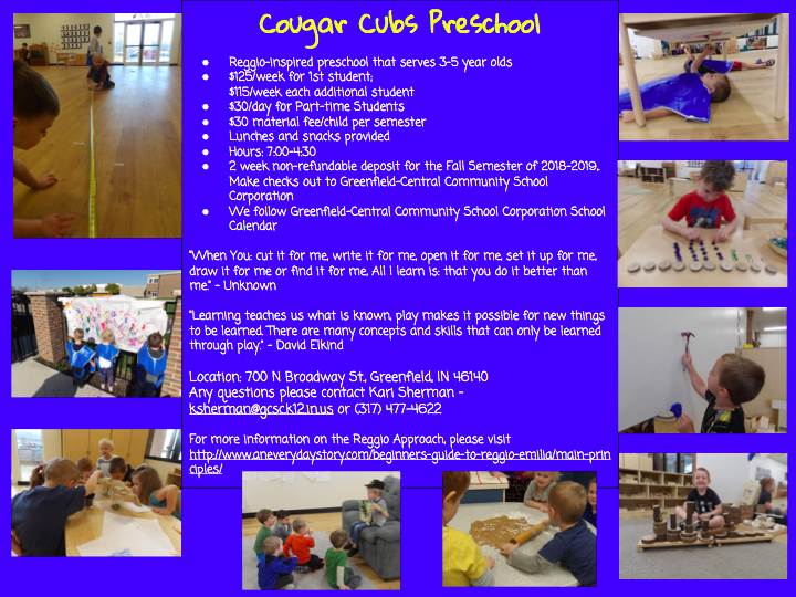 Cougar Cubs Preschool with Greenfield-Central Community Schools is currently enrolling for the 2019-2020 school year! Spots will go quickly, so make your arrangements today!