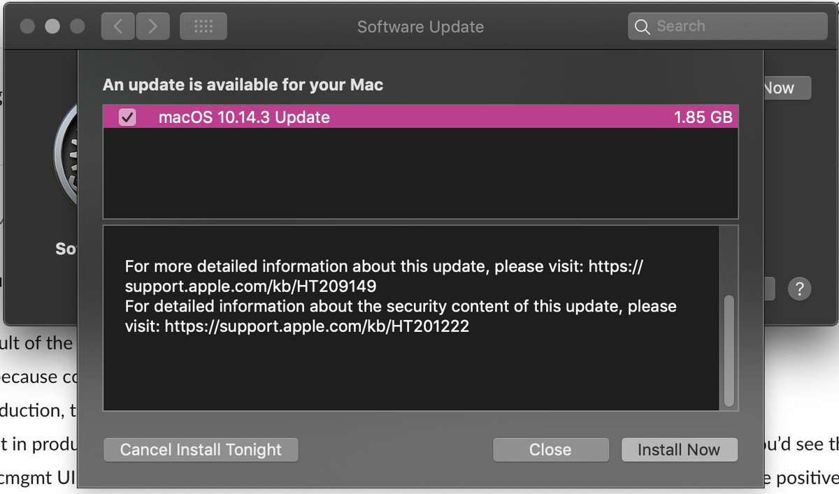 cakeface's tweet photo. "I wonder what's in this 1.85GB MacOS update?" Yeah, those links in the picture are neither clickable or copy and pastable. But I typed them each in and found this list of 3 security issues https://t.co/FKB6CxPghf. First off, poor user interface @Apple. 2nd, 1.85 GB for 3 patches https://t.co/qFL172qKK2