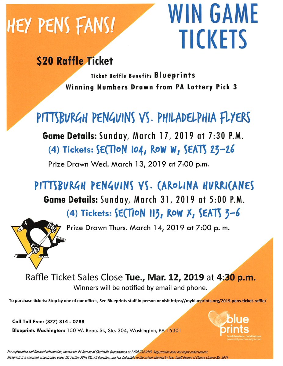 The annual Pittsburgh Penguins Raffle here at Blueprints is here! Tickets are just $20! Winning numbers will be drawn during the PA-Pick 3 Lottery on Wednesday, March 13 at 7:00 p.m., and Thursday March 14 at 7:00 p.m.
squareup.com/store/mybluepr…