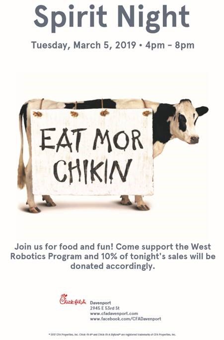 Tomorrow night at the Elmore Avenue <a href="/ChickfilA/">Chick-fil-A, Inc.</a>! 

10% of all sales go to support Davenport West Robotics program if you have this image.