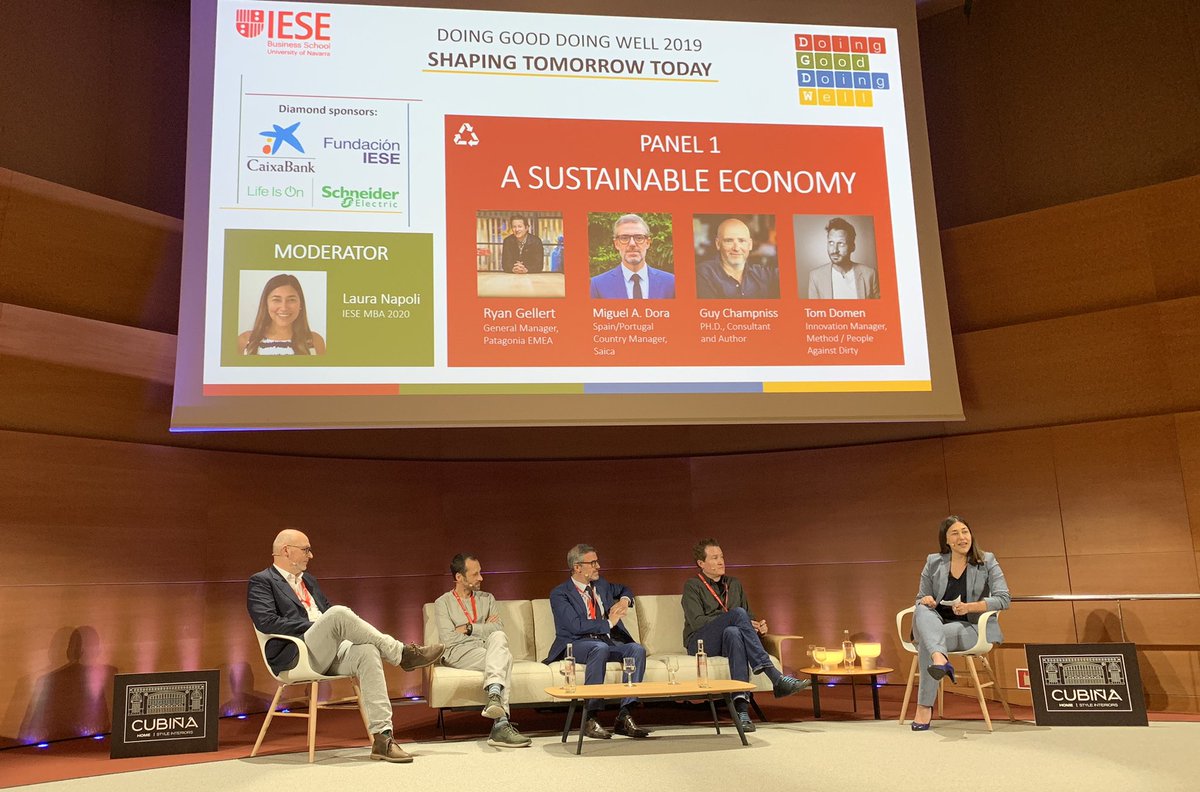 Panel 1 : A Sustainable Economy
Ryan Gellert EMEA GM <a href="/patagonia/">Patagonia</a>
Miguel A. Dora, Spain/Portugal Country Manager @saica_ca_sa
Guy Champniss of <a href="/IEbusiness/">iebusiness</a> 
Ph.D.Tom Domen, Innovation Mgr <a href="/EcoverUS/">ecoverus</a>  @methodhome
Laura Napoli <a href="/iesebschool/">IESE Business School</a>
#DGDW2019
<a href="/iesedgdw/">IESE Doing Good Doing Well</a> #ResponsibleBusines