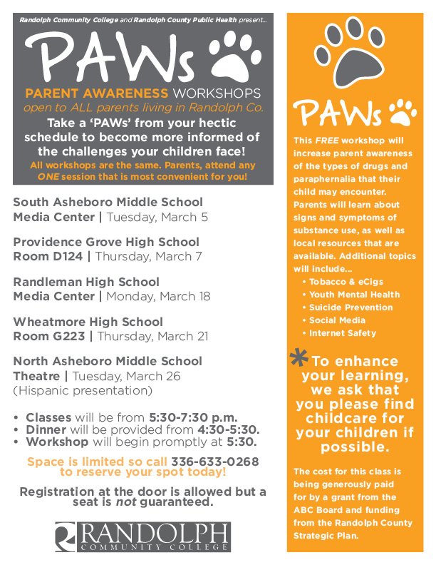 RandolphCC's tweet image. Our kids are faced with so much outside of the classroom today. Parents, it's important that you are aware of what they're dealing with each day. That's where these 'PAWs' workshops come in. Choose the one that works best for you then call to reserve your spot! #RCCProud